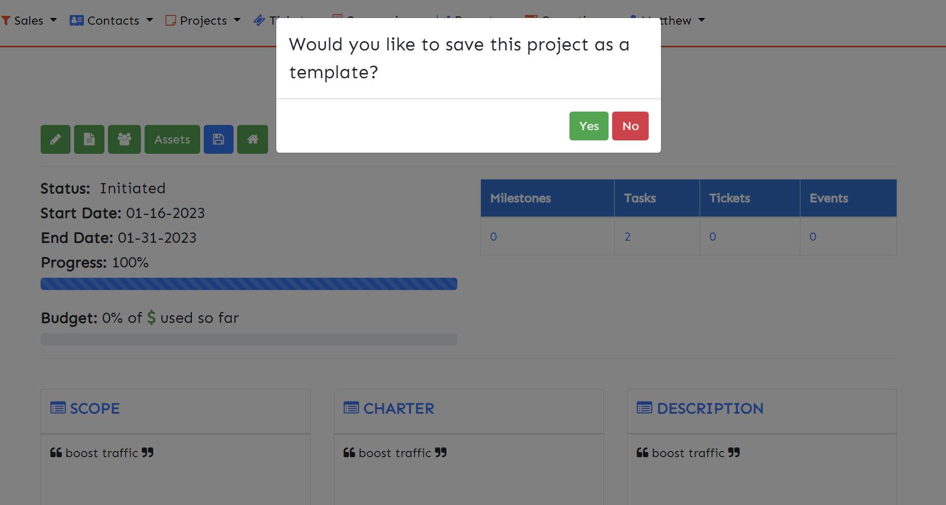 a project template in a crm