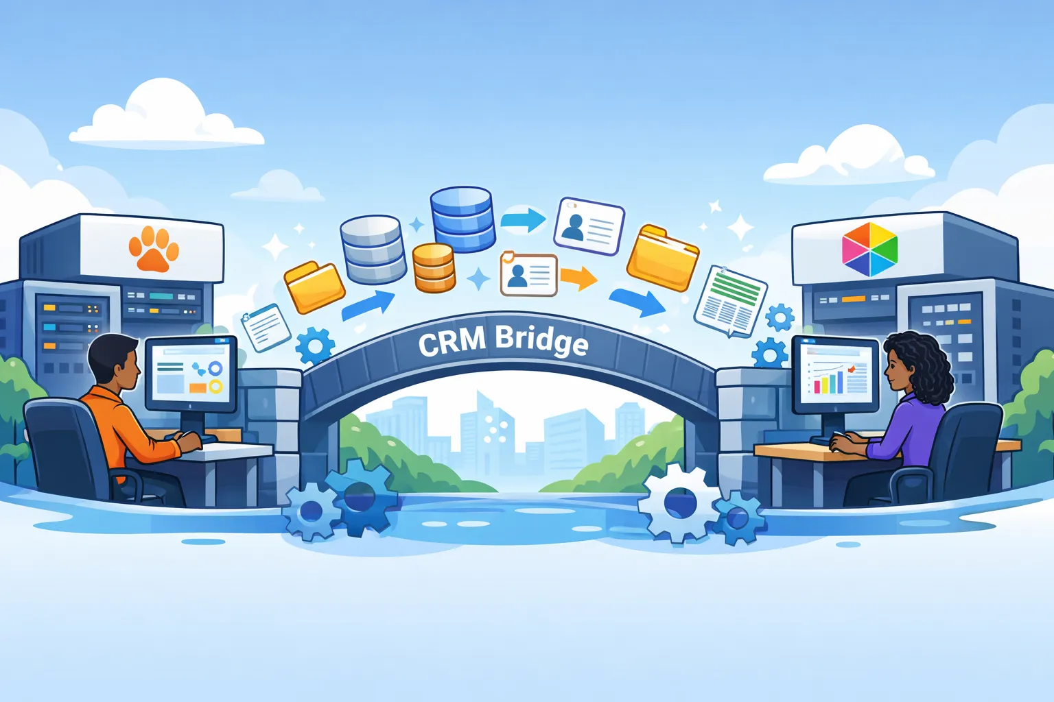 Professional illustration showing CRM data migration between systems